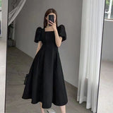Kukombo French Vintage Elegant Loose White Dress Women Aesthetic Puff Sleeve Dresses Office Lady One Piece Dress Korean Fashion