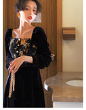 Kukombo French Vintage Palace Dress Women Elegant Dresses Vintage Oli Printing Floral Long Sleeve Long Dress Temperament Vestidos