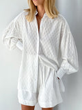 Kukombo  Summer White Elegant Jacquard Fabric Soft Vacation Suits Women Long Sleeves Shirts And Hot Pants Two Pieces Outfits 2022