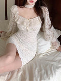 Kukombo Back to school outfit Sexy Ladies Y2K Mini Dress Women Elegant Long Sleeve Bodycon Lace Short Party Dress Casual One Piece Dress Korean 2023 Spring