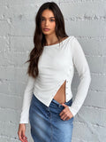 Kukombo Shoulder Split T-shirt Women 2023 Autumn New Button Design Off-shoulder Long Sleeve Fall Long Sleeve