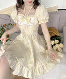 Kukombo 2022 Summer Casual Sweet Party Fairy Dress Women Bow Yellow Floral Elegant Vintage Dress Female Puff Sleeve Retro Princess Dress