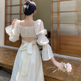 Kukombo Spring French Sweet Vintage Solid Square Collar Women Dress Elegant Flare Sleeve Robe Backless Bowknot Casual Vestidos De Mujer