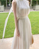 Kukombo Summer White Elegant Chiffon Midi Dress Women Sleeveless Slim Casual Pure Color Beach Dress One Piece Dress Korean Party