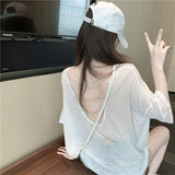 Kukombo  New Casual T-shirt Women Net Red Design Sense Back Pearl Halter Loose Sunscreen Sexy White Chain Hollow Out Female Ins Tide Top