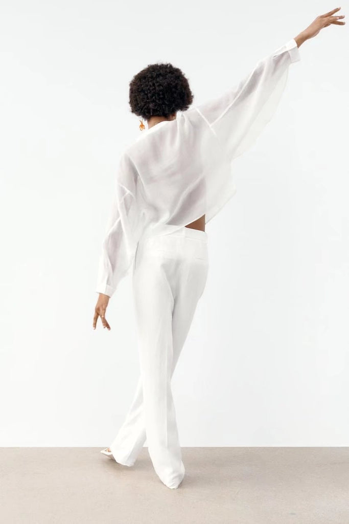 Kukombo Summer Women Ruffles Blouse New Casual White Solid Thin Top Long Sleeves Fashion O Neck Shirt Ladies