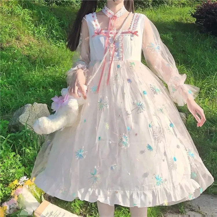 Kukombo Hstar Women Bow Japanese Lolita Sweet Dress Pink  Blue Op Harajuku Fairy Mesh Dress Alice In Wondeland Long Sleeves Vestidos