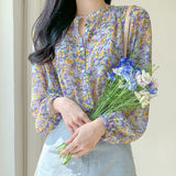 Kukombo Sweet Floral Chiffon Shirts Women New Print Long-Sleeved Blouse Woman Fashion Crewneck Button Down Tops Spring Summer