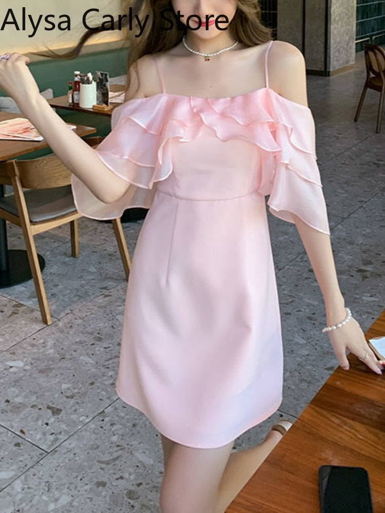 Kukombo Pink Sweet Fairy Dress Women Ruffles Design Sexy Party Mini Dress Female 2022 Spring Elegant Princess Casual Korean Strap Dress