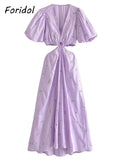 Graduation Gift Big Sale Lantern Sleeve Floral Embriodery Purple Maxi Dress Sexy Waist Hollow Out Long Summer Dress Women Vintage Cotton Dress Solid 2023