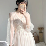Kukombo Spring Women Dress V-Neck Puff Sleeve Mesh Midi Dress Vestidos De Mujer Casual Pink Sweet Lace Fairy Dress Elegant Long Dresses
