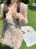 Kukombo 2022 Summer Casual Vintage Floral Dress Women Pink Elegant Ruffles Beach Fairy Dress Female Fashion Korean Evening Party Dresses