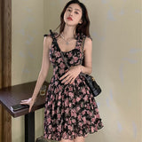 Kukombo Vintage Floral Mini Dress Women Sweet Summer New Chiffon Tank Sleeveless Strapless Dresses Female Outwear