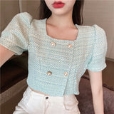 Kukombo Cropped Jackets Women Puff Sleeve Sweet Solid Square Collar Fashion Korean Style Daily All-Match Female Summer Outerwear Retro