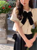 Kukombo  Bow Elegant Vintage Blouse Women Casual Short Sleeve Design O-Neck Coats Party Y2k Crop Tops Female Korean Clothing 2022 Summer