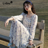 Kukombo 2022 Spring Summer Fashion Sweet Korean Style Chiffon Floral Dress Long Sleeve Square Collar Dress Elegant Casual A-Line Dress