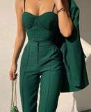Kukombo Office Lady Black Pant Suits Tracksuit Women Strap Corset Crop Tops And High Waist Pants Two Piece Set Urban Outfits