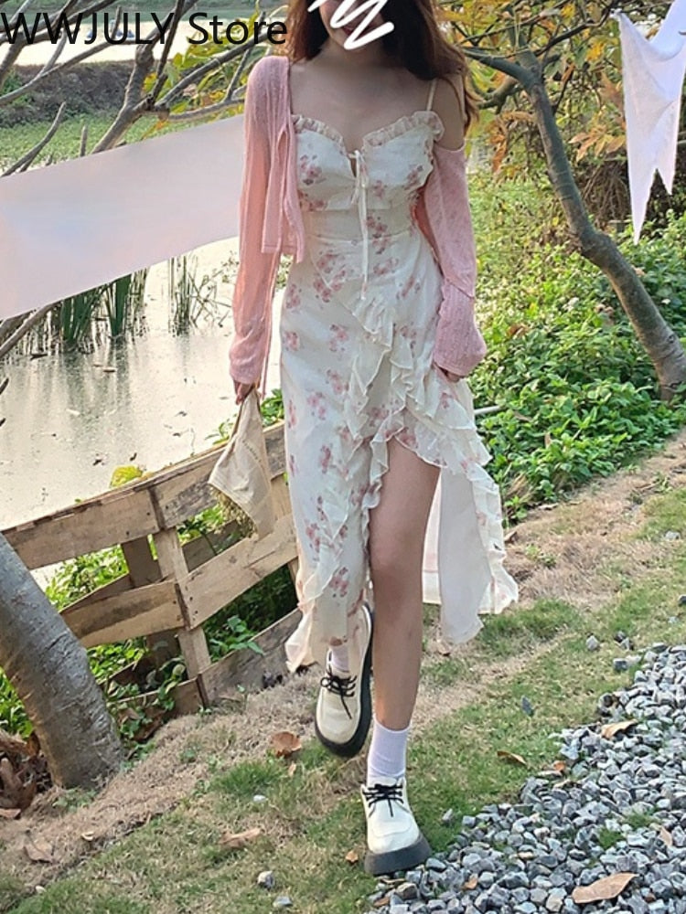 Kukombo Summer Floral Sleeveless Midi Dress Elegant Sexy French Vintage Strap Dress Woman Party One Piece Dress Korean Fashion