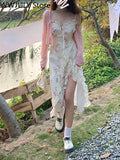 Kukombo Summer Floral Sleeveless Midi Dress Elegant Sexy French Vintage Strap Dress Woman Party One Piece Dress Korean Fashion