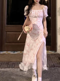Kukombo Summer Sexy Elegant One Piece Dress Korea Fashion Short Sleeve Lace Midi Dress Woman Casual Vintage Floral Party Dress Slim