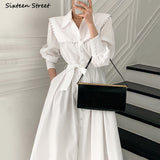 Kukombo 2022 White Elegant Shirts Dress Woman With Belt Rivet Maxi Vestido Women Clothing Vintage Single-Breasted OL Work Dresses Female