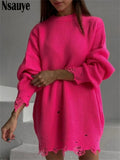 Kukombo 2022 Winter Y2K Fashion Loose Knitted O Neck Long Sleeve Black Pullover Tops Sexy Women Party Oversized Sweater Dresses