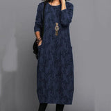 Kukombo Women Midi Dress for Women 2023 Vintage Print Long Sleeves Crew Neck Dress Spring Autumn Loose Double Pockets Dress Streetwear