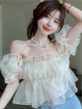 Kukombo New Style Square Neck Mesh Women Shirts Summer Puff Sleeve One Shoulder Ruffle Crop Tops Female
