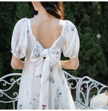 Kukombo 2022 Spring Fairy Vintage Dress Women Bow Sexy Backless Elegant Korean Dress Female Causal Puff Sleeve Sweet Design Party Dress