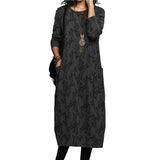 Kukombo Women Midi Dress for Women 2023 Vintage Print Long Sleeves Crew Neck Dress Spring Autumn Loose Double Pockets Dress Streetwear