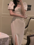 Kukombo Women's Summer Sexy Elegant Bodycon Midi Dress Slim Bandage Solid Party Vestidos Femme Fashion Korean Vintage Clothes New