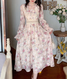 Kukombo Sashes Chiffon Sweet Dress Women Print Korean Fashion Floral Dress Female Flare Sleeve Patchwork Party Retro Dress Women