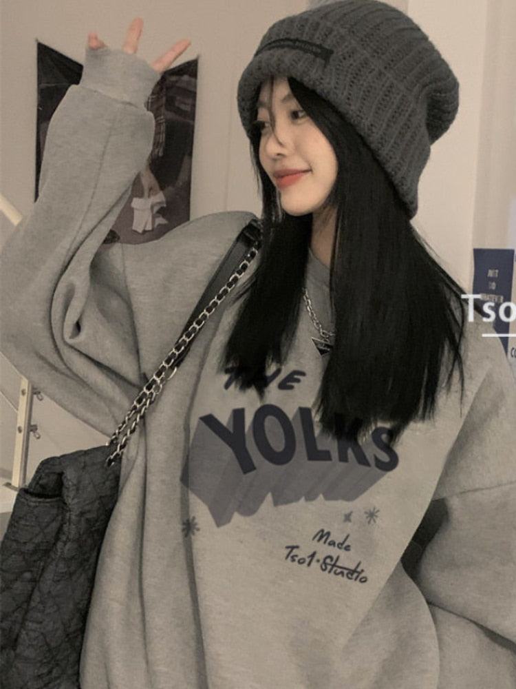 Thanksgiving Gift Korean Style Letter Print Gray Hoodies Women Harajuku Hip Hop Oversized Sweatshirts Black Casual Pullover Tops Vintage