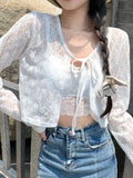 Kukombo White Lace Hollow Cardigan Women Summer New Thin Long Sleeve Jacket Lace-Up Cropped Tops Woman