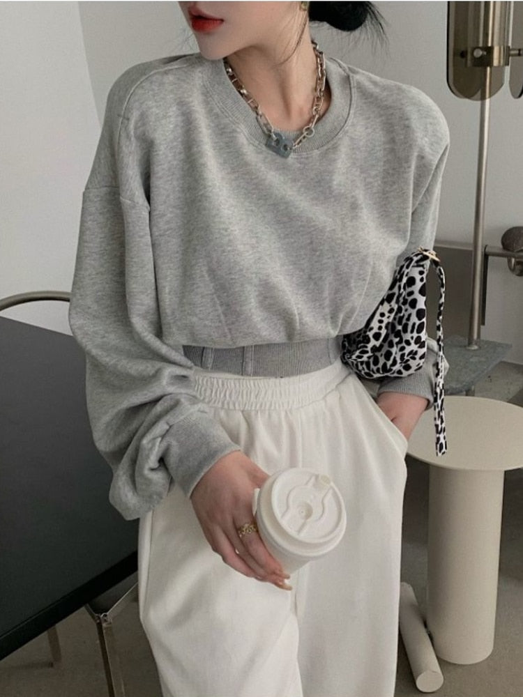 Thanksgiving Gift Korean Fashion Gray Hoodies Women Harajuku High Waist Cropped Sweatshirts Loose All-Match Pullover Tops Kpop Streetwear