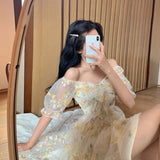 Kukombo Summer Elegant Sweet Kawaii Dress V-Neck Female Floral Embroidered Princess Dresses For Women Puff Sleeve Mesh Party Mini Dress