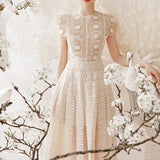 Kukombo 2023 New Autumn Woman Dress Beige Lace O-Neck Casual High Waist Mesh Maxi Dresses Female Vestido Runway Design