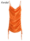 Graduation Gift Big Sale Orange Red Sexy Women Party Ruched Satin Dress Club Mini Drawstring Short Summer Solid Fashion Silk Dress Straight Dropshipping