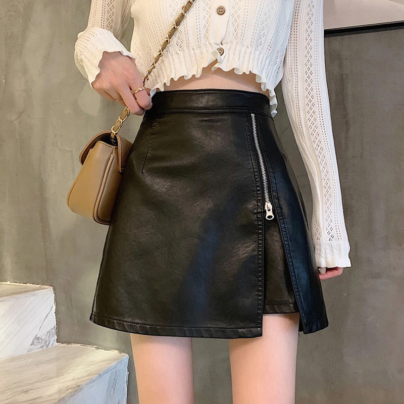 Kukombo  2022 New Korean Style Small Leather Split Skirt Women Autumn And Winter Black Skirt High Waist Short Skirt Student A-line Skirt