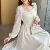 Kukombo Vinatge Elegant White Chiffon Dress Women Temperament Puff Sleeve Square Collar Button Office Lady Casual Dresses Chic Vestidos