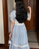 Kukombo 2023 Summer Elegant Fairy Midi Dress Women Blue Vintage Evening Beach Party Dresses Female Korean Fashion Holiday Chiffon Dress
