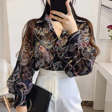 Kukombo Women's Spring Summer New Loose Floral Blouse Women's Sunscreen Turndown Collar Chiffon Clothing Korean Long-Sleeved Shirts