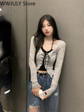 Kukombo Summer Korean Fashion Suit 2 Piece Set Casual Strap Black Camis + Long Sleeve Knitted Crop Tops Thin Pure Color Blouse Chic