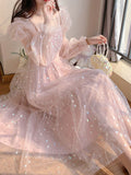Kukombo Lace Elegant Sequin Fairy Dress Women Pink Patchwork Vintage Party Midi Dresses Female Casual Sweet Princess Kawaii Dress 2022