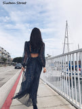 Kukombo Boho Vacation Dress Woman Summer V-Neck Long Lantern Sleeve Dark Blue Chiffon Vestido Woman Dresses Rivets Beach Maxi Dress 2022