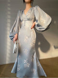 Kukombo Slim Midi Dress 2023 Women Summer Fashion New Printing Elegant Evening Party Mermaid Dresses Long Sleeve V-neck Fmeale Clothing