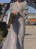 Kukombo  V Neck Flare Sleeve White Dress Fashion French Style Long Sleeve Dress for Women Elegant Chic Midi Vintage Dress
