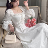 Kukombo Vintage Elegant Fairy Princess White Lace Dress Woman French Retro Square Collar Designer Slim Dress 2022 Autumn Clothes