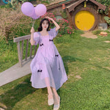 Kukombo Hstar French Square Neck Puff Sleeve Dress Women Mesh Bow Loose Long Summer New Purple Dresses Female Traf Платье Женское Robe
