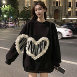 Thanksgiving Gift Korean Fashion Heart Mesh Lace Patchwork Sweatshirt Women Harajuku Gothic Oversized Hoodies Female Casual Pullover Tops
